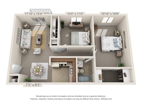 Floor plan for 2 beds, 1 bath, 724 sqft